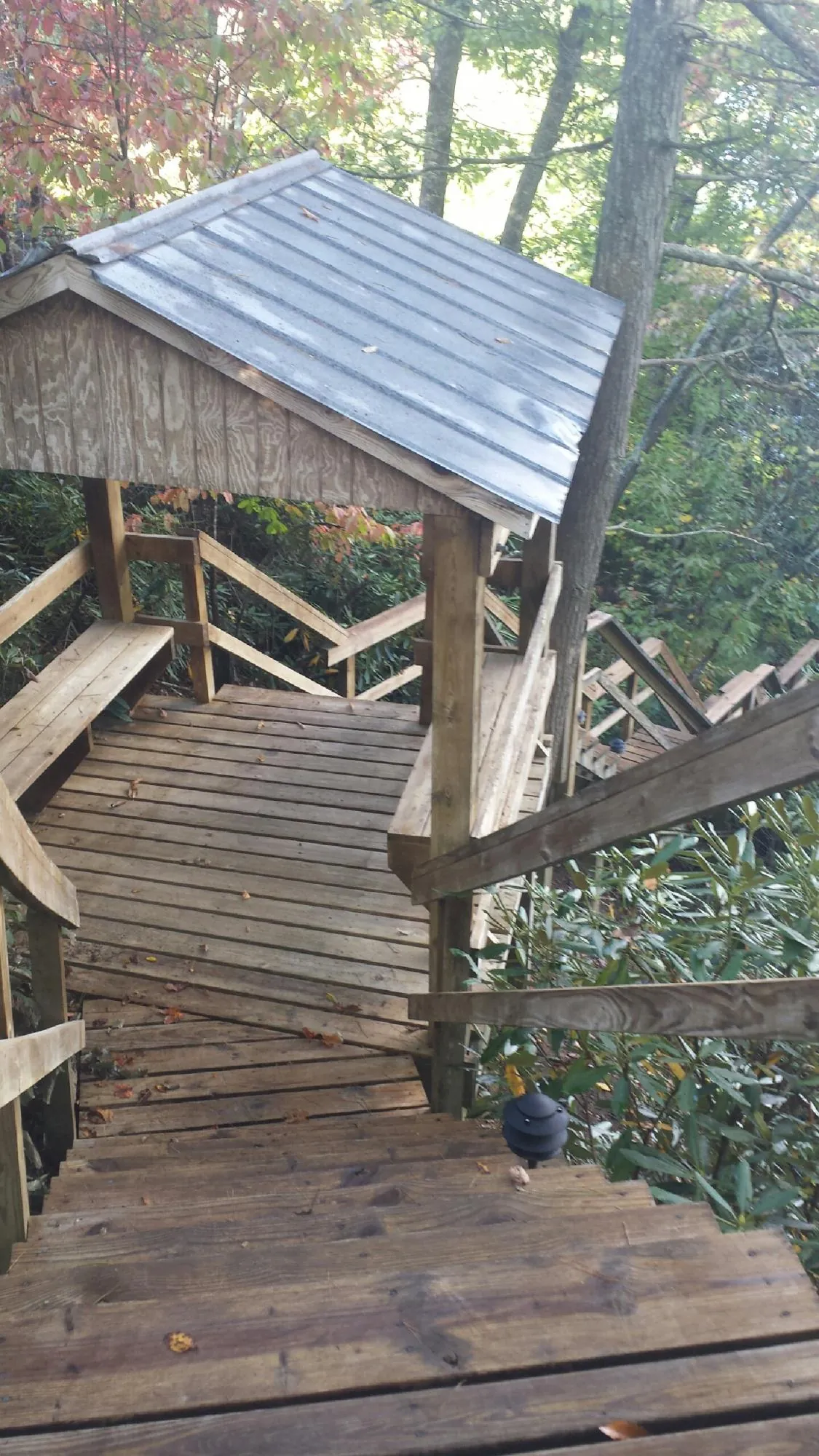 Metal roofed shelter over wooden steps on a wooded walkway — Skylight Repair & Installation work by our crew in Swarthmore